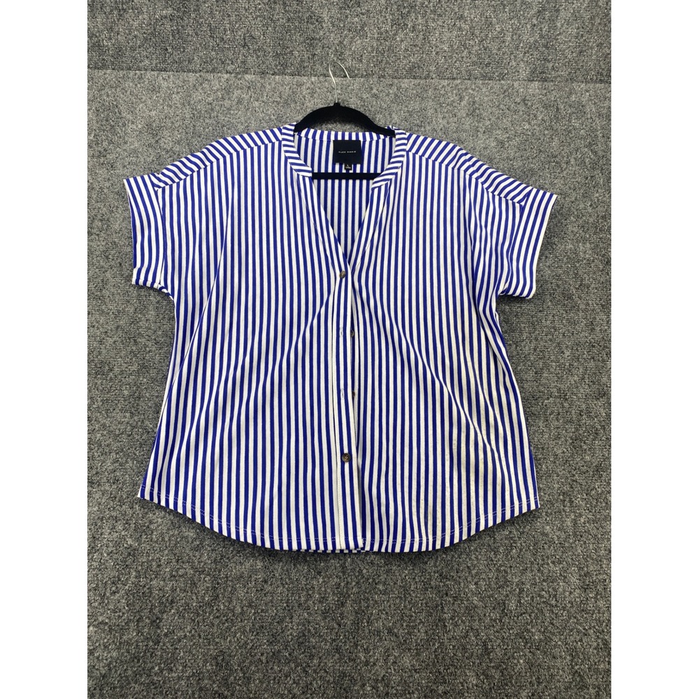 Alex Marie Striped Button Front Blouse Womens Large Blue White Short Sleeve Top